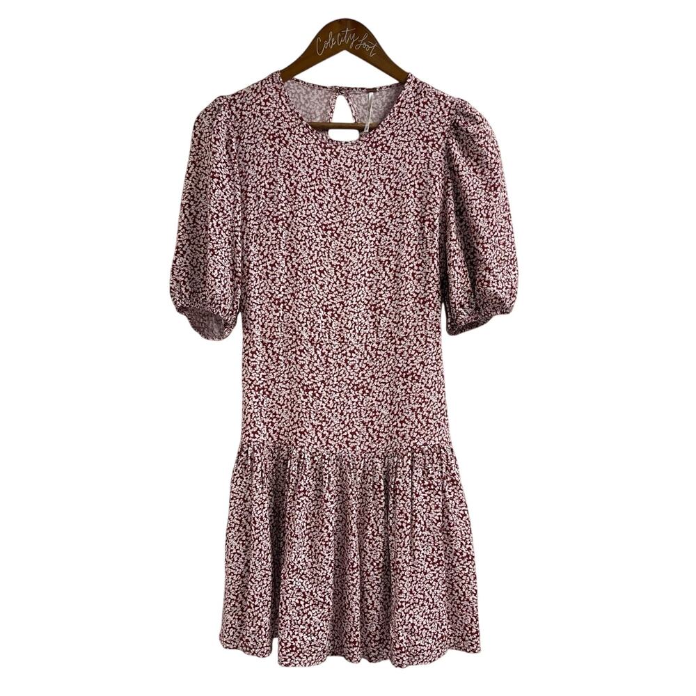 Free People Dancing In The Dark Mini Dress Red White Floral Print Puff Sleeve S